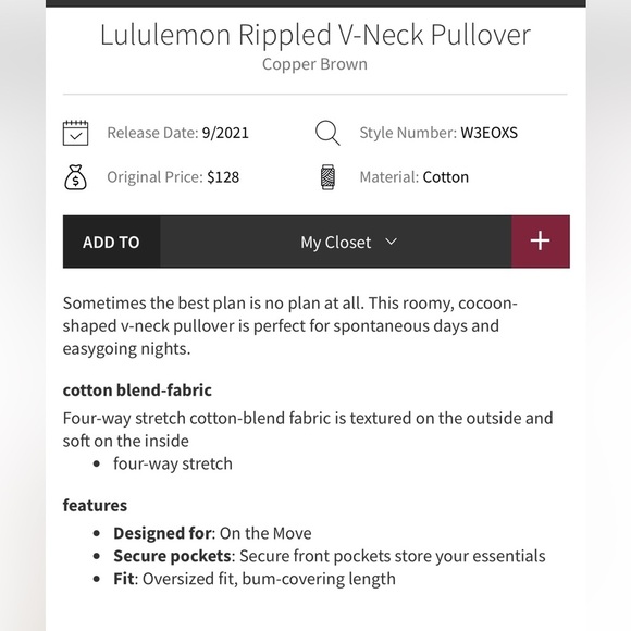 Lululemon Rippled V-Neck Pullover in Copper Brown size 4 - Picture 11 of 12